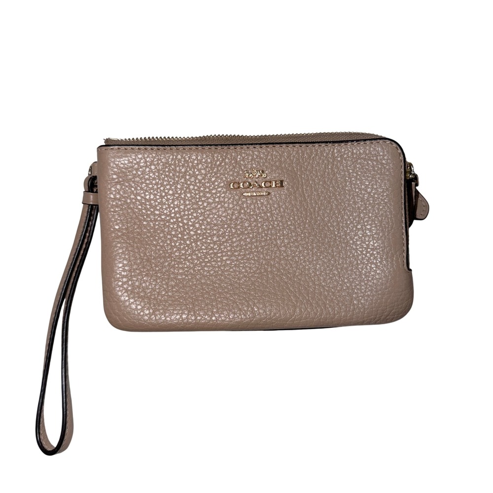 Coach Double Zip Wristlet Taupe Pebble Leather